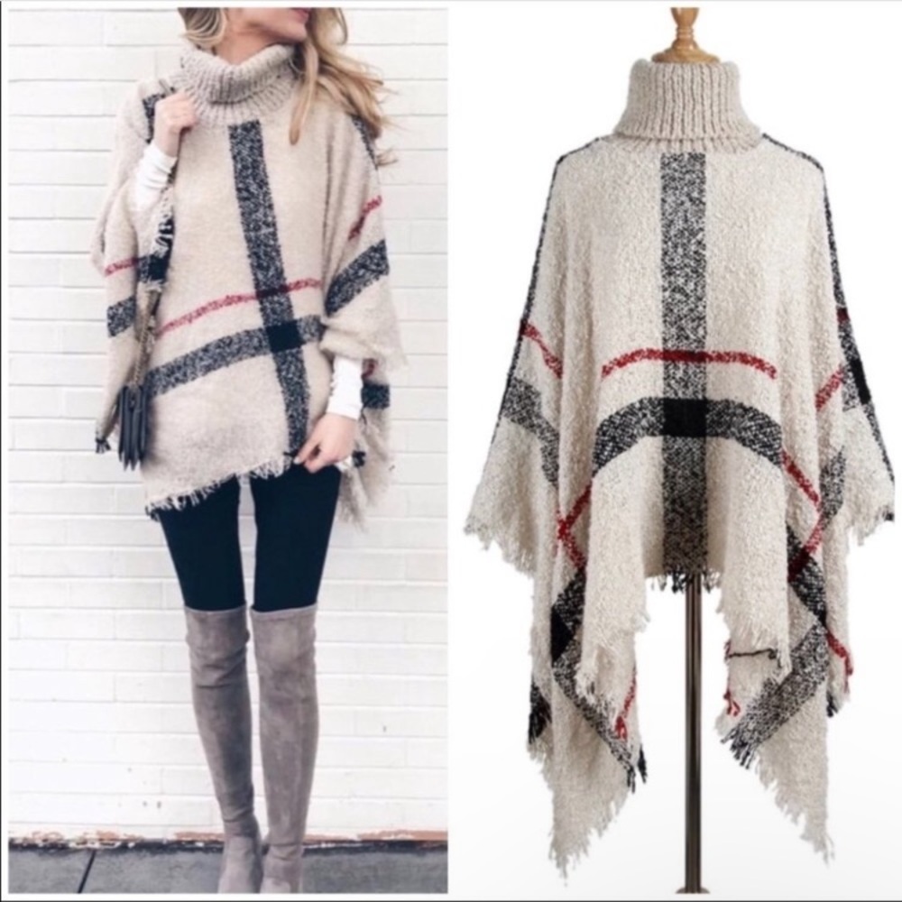 Plaid Turtleneck Fringe Women Poncho - Picture 5 of 5